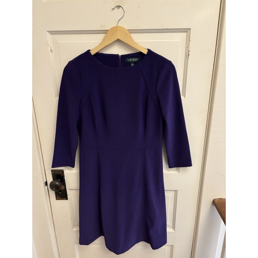 Lauren Ralph Lauren Women's Purple Ponte Knit Sheath Dress 3/4 Sleeve Size 6